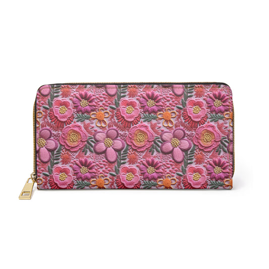 Pink Faux Embroidery Floral Zipper Wallet
