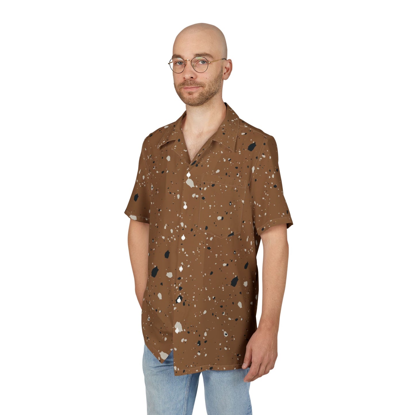 Brown Speckle Hawaiian Shirt — Retro Terrazzo Print Button-Down