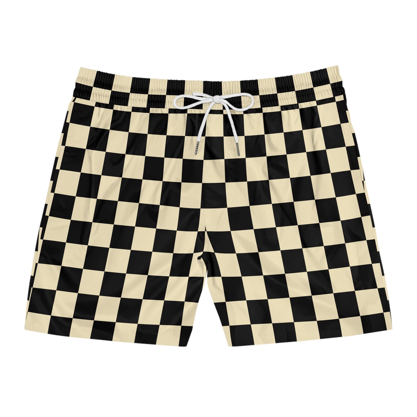Checkerboard Swim Shorts — Black & Cream Retro Beach Trunks