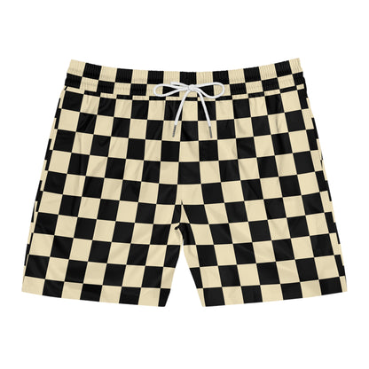 Checkerboard Swim Shorts — Black & Cream Retro Beach Trunks