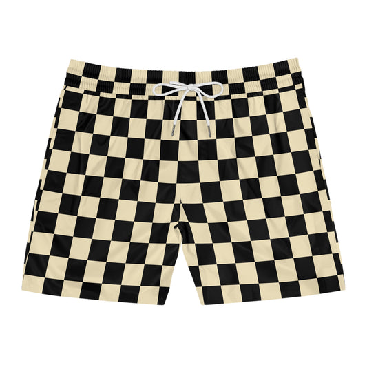 Checkerboard Swim Shorts — Black & Cream Retro Beach Trunks
