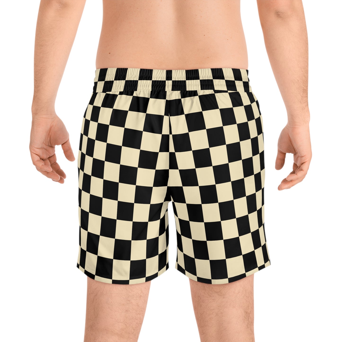 Checkerboard Swim Shorts — Black & Cream Retro Beach Trunks