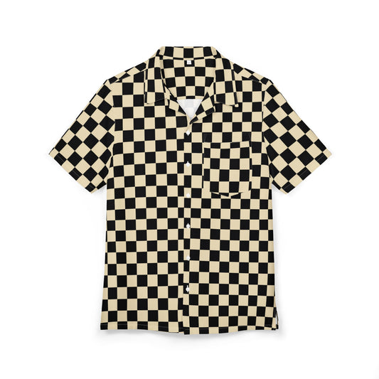 Checkerboard Hawaiian Shirt – Retro Black & Cream Camp Collar Button-Down
