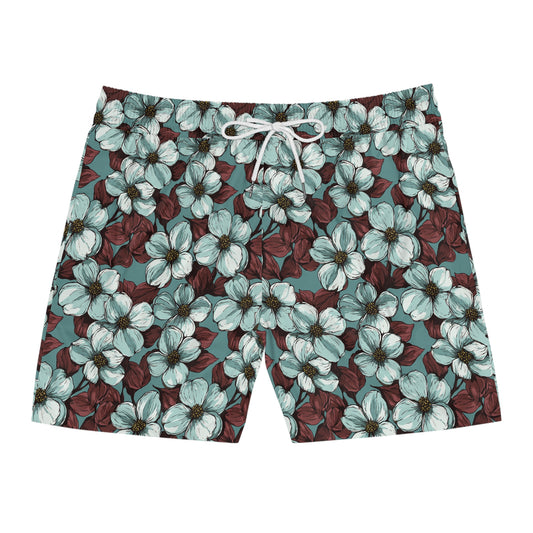 Teal Floral Men’s Swim Shorts — Vintage Hibiscus All-Over Print