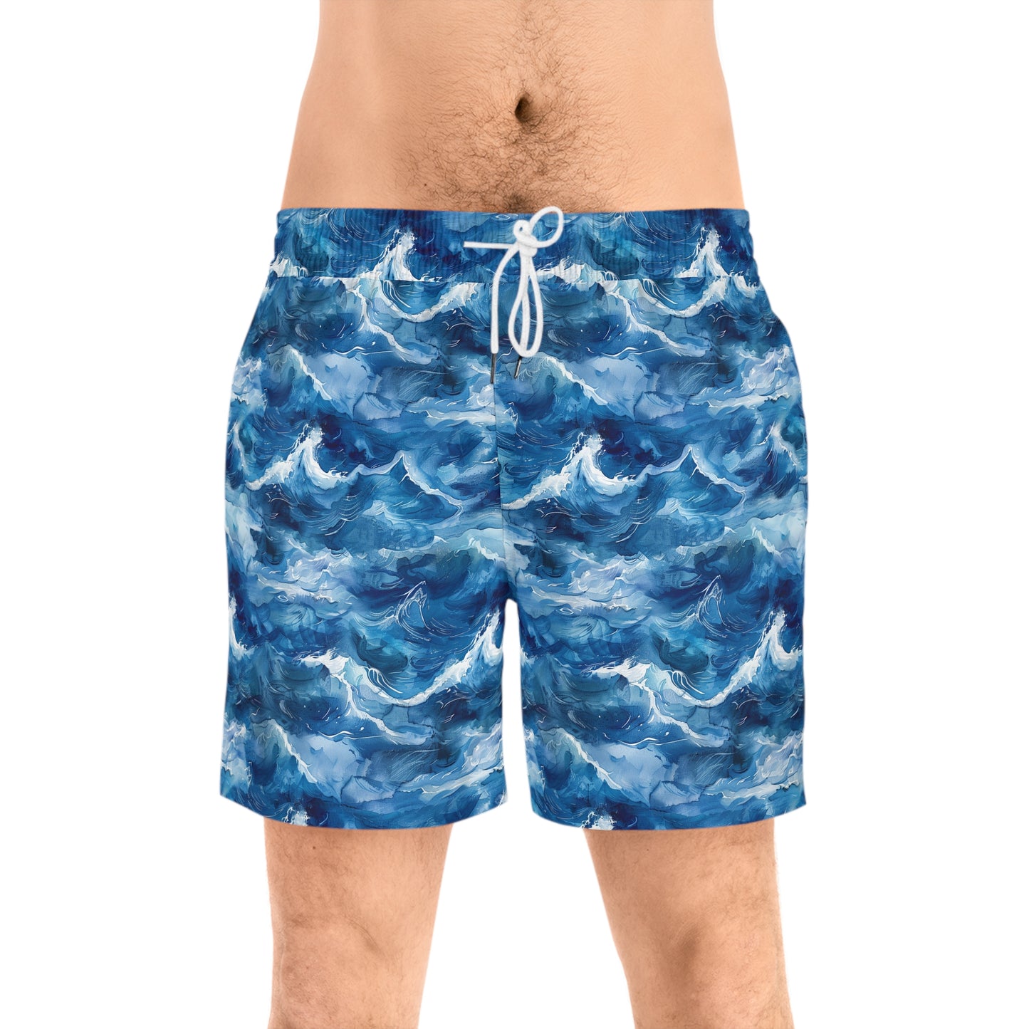 Ocean Wave Swim Shorts — Men's Mid-Length Blue Surf Print