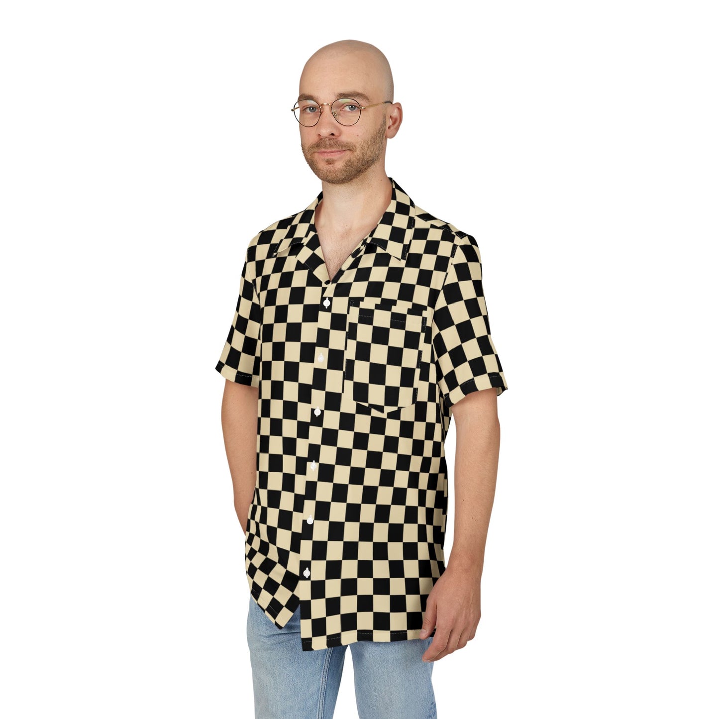 Checkerboard Hawaiian Shirt – Retro Black & Cream Camp Collar Button-Down