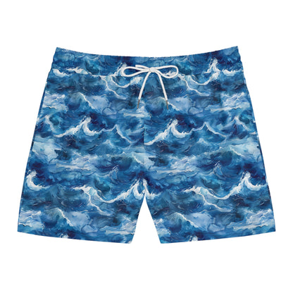 Ocean Wave Swim Shorts — Men's Mid-Length Blue Surf Print