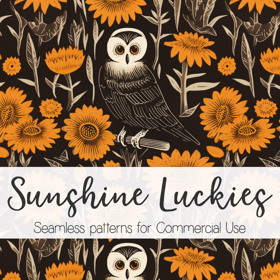 Blockprint Owl with Orange Flowers Seamless Pattern